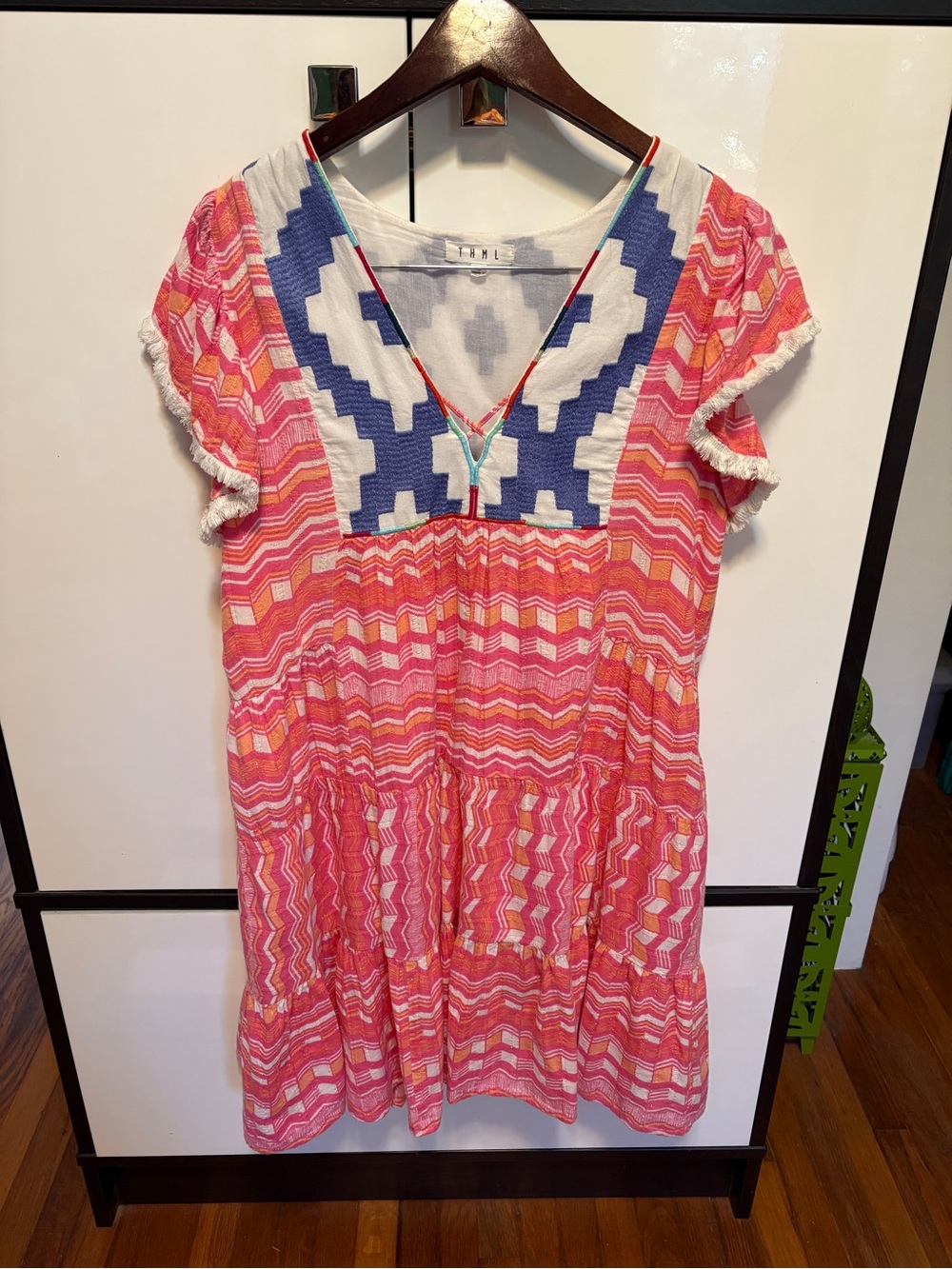 THML Pink & Blue Embroidered V-Neck Tunic Dress